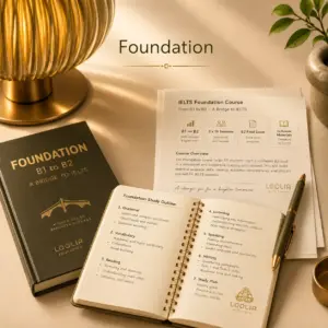 تصویر مفهومی دوره Foundation موسسه آیلتس لولیا با کتاب، دفتر و فضای آموزشی رسمی برای آمادگی سطح B1 تا B2